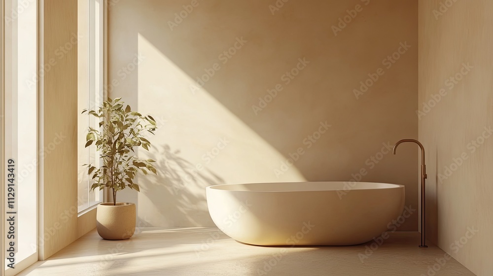 Sunlit minimalist bathroom with freestanding tub and plant. Sunlit minimalist bathroom with freestanding tub and plant.
