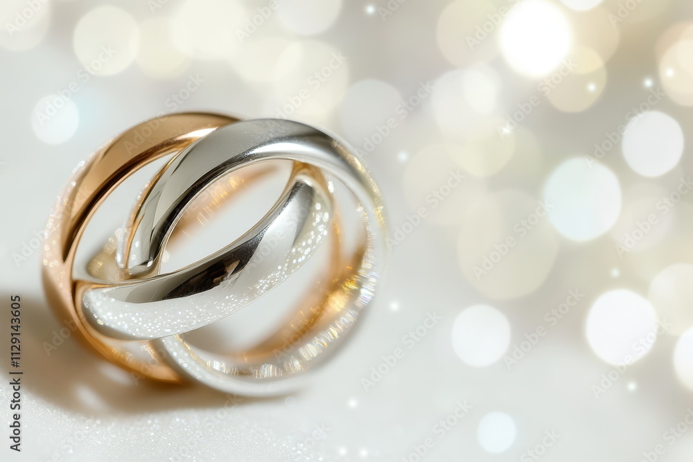Intertwined gold and silver rings on a bokeh background. Intertwined gold and silver rings on a bokeh background.