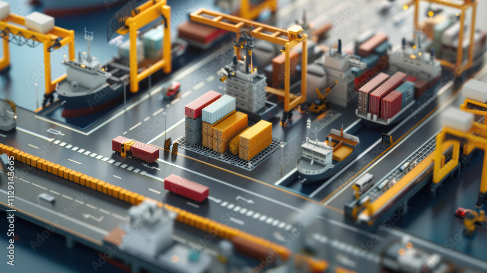 detailed miniature model of busy shipping port with cranes, containers, and vehicles. vibrant colors and intricate design showcase logistics and transportation industry detailed miniature model of busy shipping port with cranes, containers, and vehicles. vibrant colors and intricate design showcase logistics and transportation industry