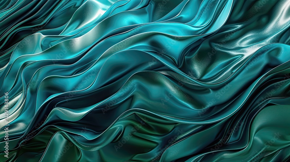 Obraz premium Waves of turquoise silk gracefully ripple under soft light, creating a tranquil and dynamic visual experience on fabric. Generative AI