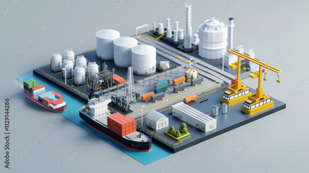 detailed industrial port scene featuring cargo ships, storage tanks, and machinery. vibrant colors and organized layout depict bustling shipping and logistics hub detailed industrial port scene featuring cargo ships, storage tanks, and machinery. vibrant colors and organized layout depict bustling shipping and logistics hub
