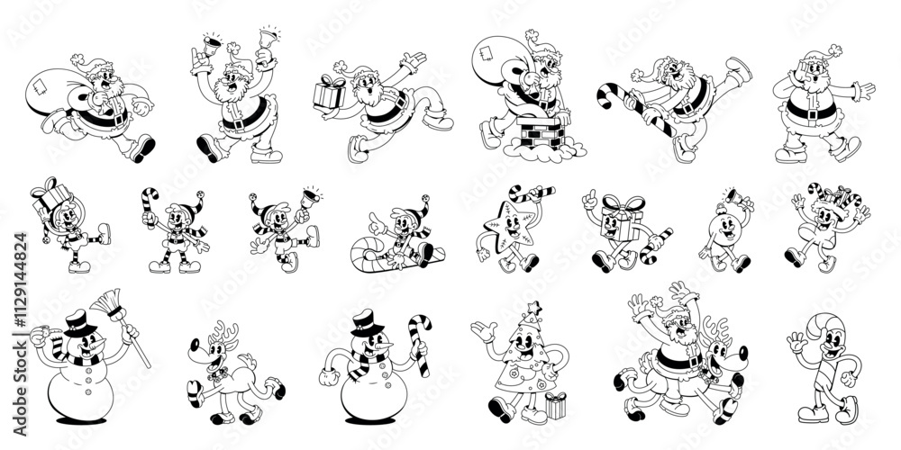 Vector Merry Christmas Retro Cartoon Characters Style Groovy Set Illustration Isolated Vector Merry Christmas Retro Cartoon Characters Style Groovy Set Illustration Isolated