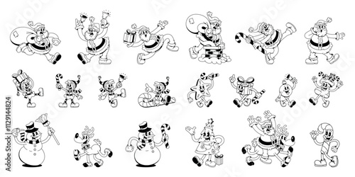 Vector Merry Christmas Retro Cartoon Characters Style Groovy Set Illustration Isolated