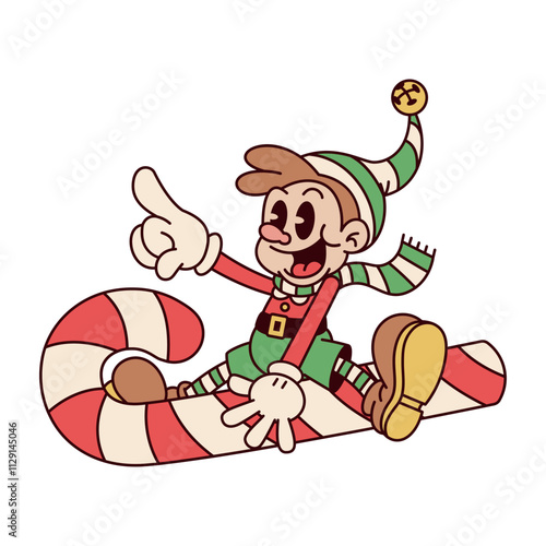 Vector Retro Cartoon Christmas Elf Candy Cane Character Groovy Illustration Isolated