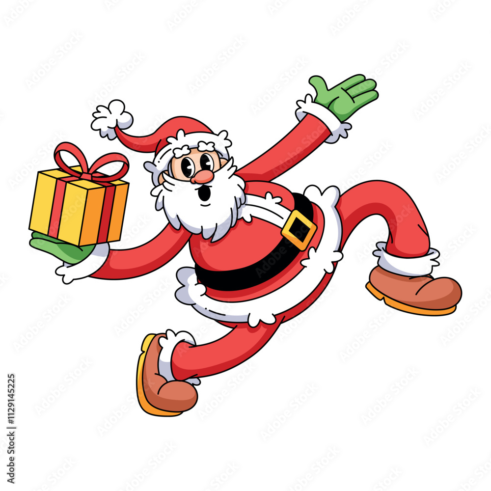 Obraz premium Vector Retro Cartoon Santa Claus Gift Box Character Groovy Illustration Isolated