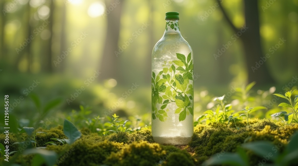 A biodegradable bottle made from biomass material, set in a natural environment, ultra-detailed, eco-friendly packaging design A biodegradable bottle made from biomass material, set in a natural environment, ultra-detailed, eco-friendly packaging design