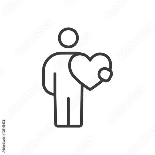 Man with heart icon in line design. Man, heart, love, care, kindness, support, compassion on white background vector. Man with heart editable stroke icon