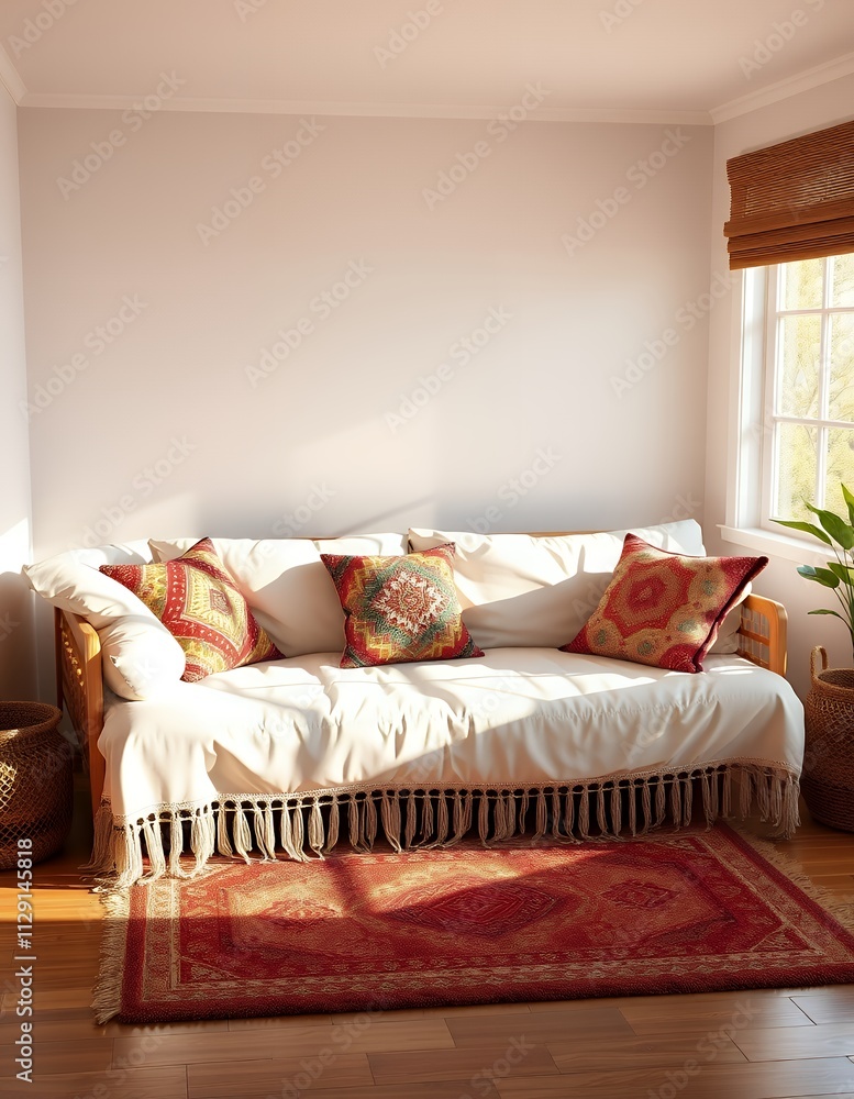A sunlit bohemian style daybed with ethnic pillows and a red rug. Cozy and relaxing atmosphere.