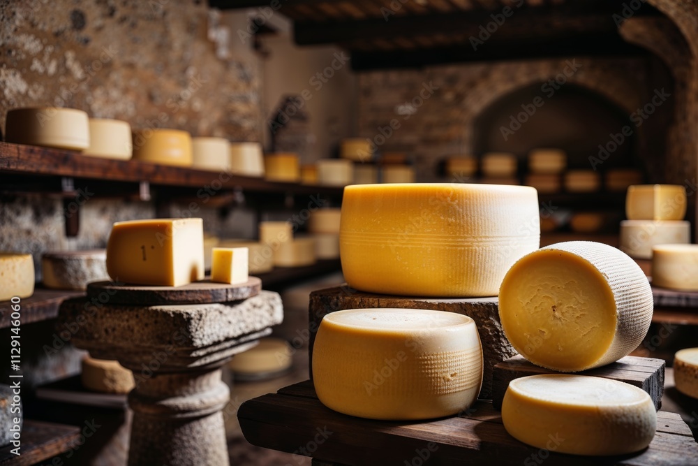 Cheese wheels stored in a rustic cheese aging cellar in Italy Cheese wheels stored in a rustic cheese aging cellar in Italy