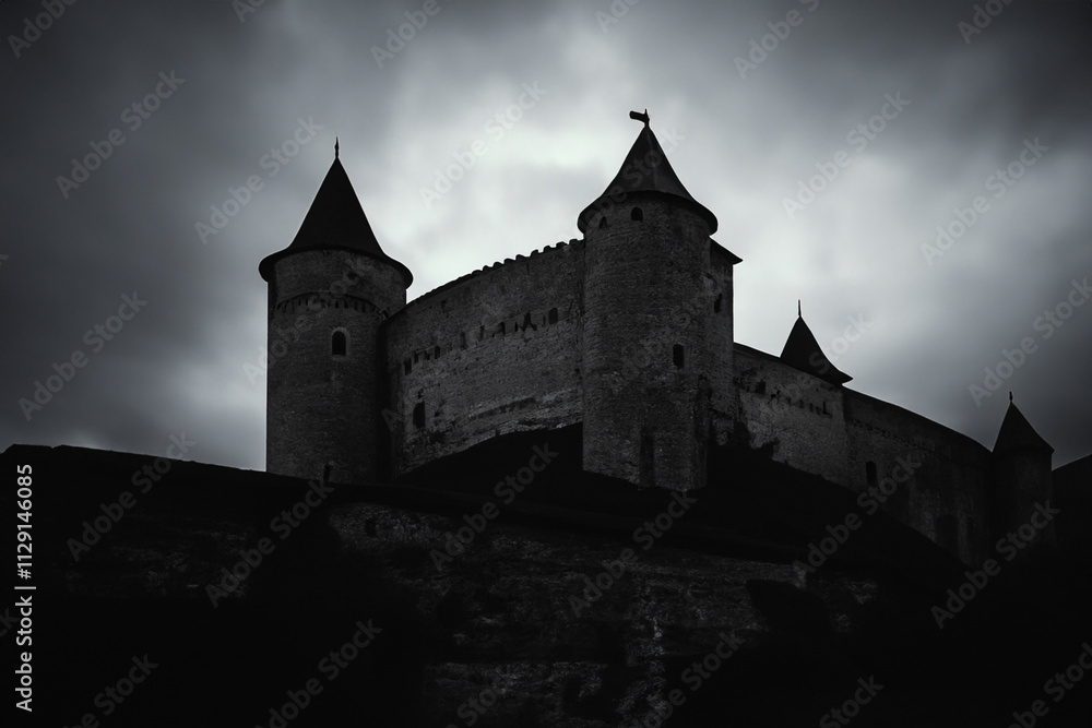 Black and white photo of castle. A castle lit up in the night darkness. A castle glares at night. A castle with a glare of light and darkness at night lifestyle. Black and white photo of castle. A castle lit up in the night darkness. A castle glares at night. A castle with a glare of light and darkness at night lifestyle.