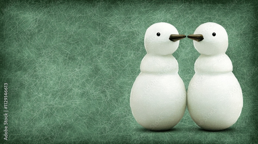 Cute snowman figurines embracing each other in a textured green background for holiday decor Cute snowman figurines embracing each other in a textured green background for holiday decor