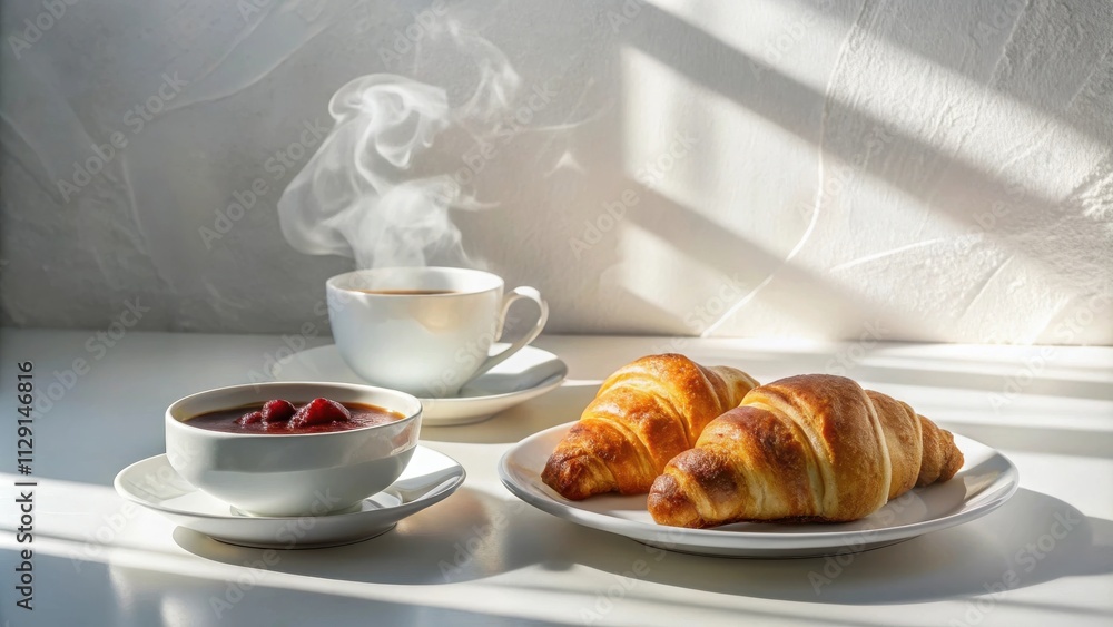 A steaming cup of coffee, a bowl of berries, and two golden croissants on a white table in the warm glow of sunlight A steaming cup of coffee, a bowl of berries, and two golden croissants on a white table in the warm glow of sunlight