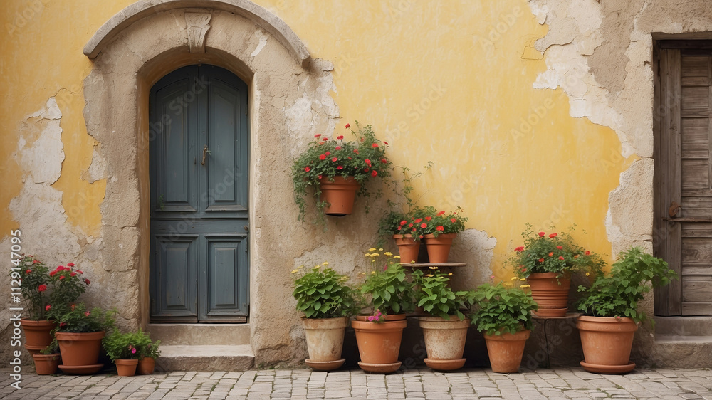 Charming rustic door adorned with vibrant potted plants Charming rustic door adorned with vibrant potted plants