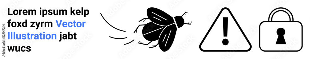 Flying insect near caution sign and padlock highlights cybersecurity threats. Ideal for online security, data protection, risk management, vulnerability alert, phishing prevention, safety guidelines Flying insect near caution sign and padlock highlights cybersecurity threats. Ideal for online security, data protection, risk management, vulnerability alert, phishing prevention, safety guidelines