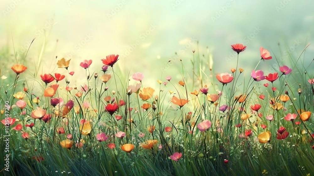 Fototapeta premium A beautiful array of flowers rises from the green grass, each one adding a splash of color to the scene.