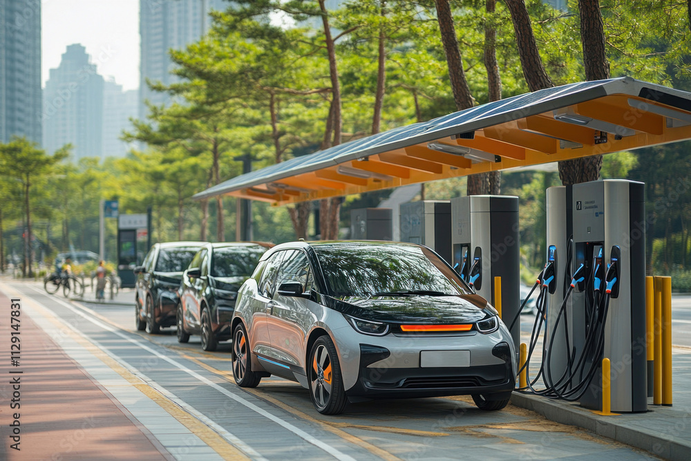 Fototapeta premium Electric cars charging at public charging station with solar panel canopy
