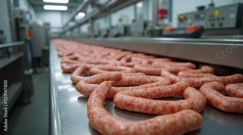A production line showcasing freshly made sausages in a factory setting, highlighting the processing of meat products