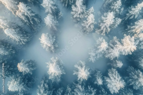 Aerial view of a snow covered forest with fog rolling through the trees on a cold winter day