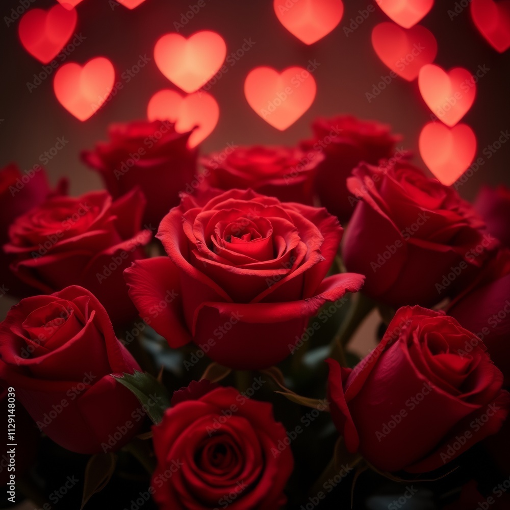 A romantic arrangement of red roses surrounded by glowing heart-shaped bokeh, creating a warm and loving atmosphere. A romantic arrangement of red roses surrounded by glowing heart-shaped bokeh, creating a warm and loving atmosphere.