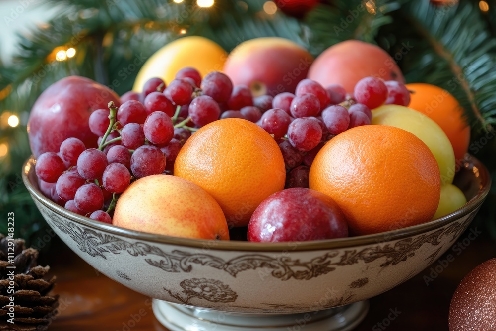 Bowl overflowing with fresh fruit creating a festive christmas centerpiece Bowl overflowing with fresh fruit creating a festive christmas centerpiece