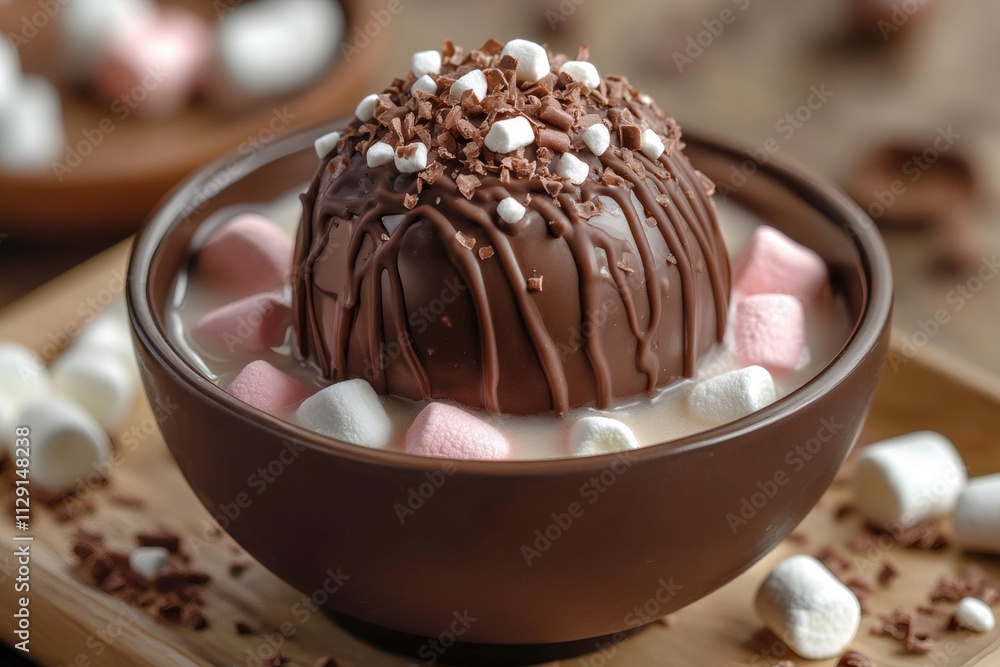 Delicious hot chocolate bomb melting in a warm bowl of milk, creating a rich and decadent winter treat
