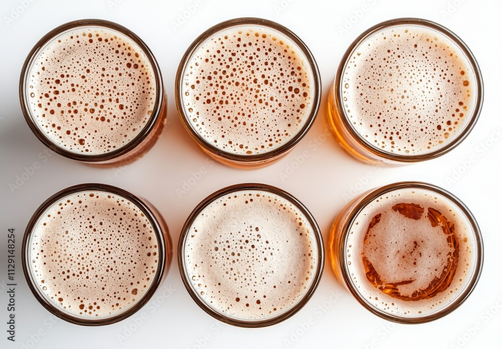 A Top-Down View of Six Glasses of Beer with Frothy Heads and Golden Liquid on a White Background for Refreshing Beverage Ideas A Top-Down View of Six Glasses of Beer with Frothy Heads and Golden Liquid on a White Background for Refreshing Beverage Ideas