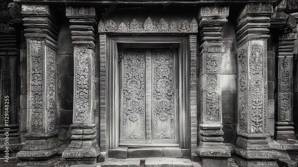 Fototapeta premium A black and white shot of an old, heavy temple door, decorated with faded carvings.