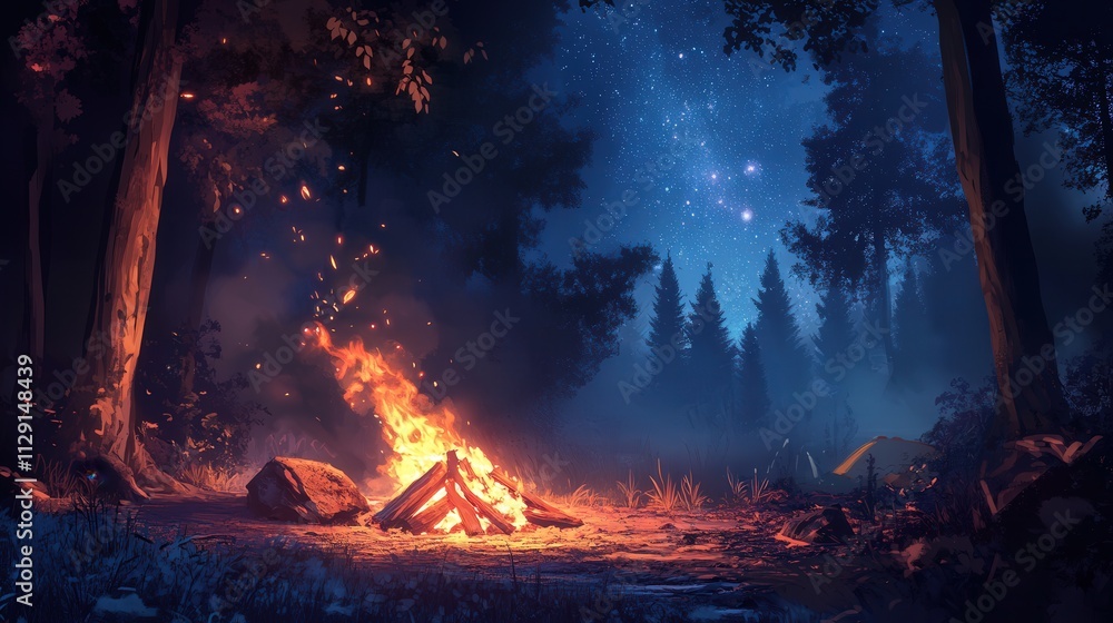 Naklejka premium A blazing bonfire crackles in a campsite, flames reaching up to the stars, with a warm glow spreading across the quiet, dark forest