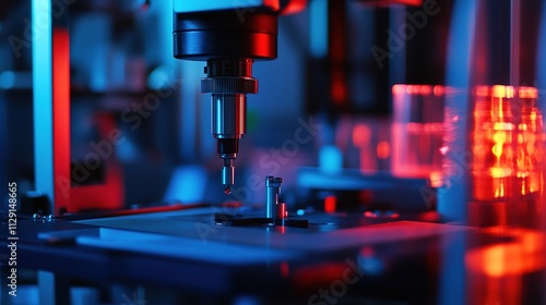 A close-up view of a precision instrument in a lab, illuminated by dramatic blue and red lighting, highlighting its intricate design and functionality.