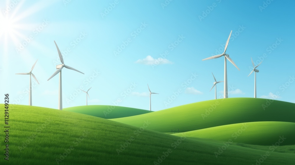 Fototapeta premium A close-up aerial view of a wind turbine situated on lush green hills under a bright blue sky, showcasing the integration of renewable energy and sustainable technology. 