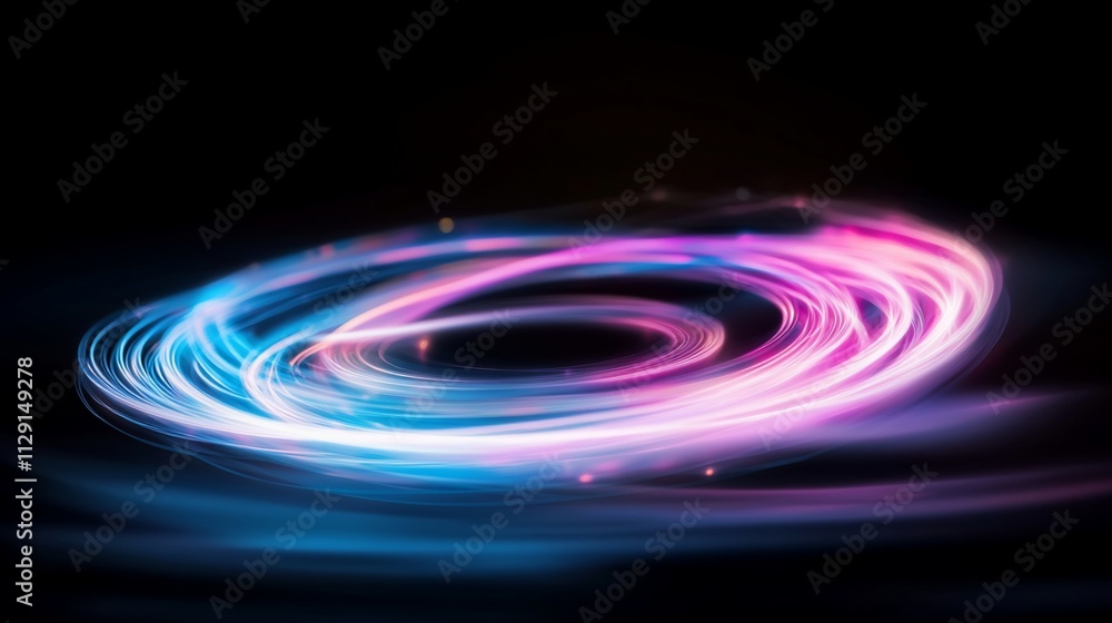 Abstract light trails forming a vibrant pink and blue spiral on black background. Abstract light trails forming a vibrant pink and blue spiral on black background.
