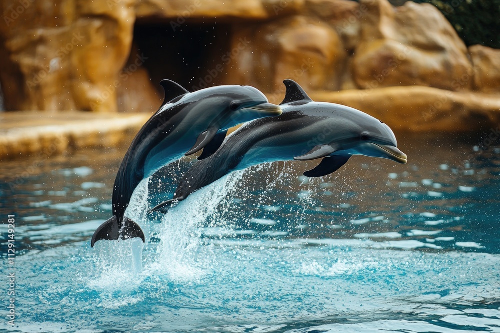 Fototapeta premium Two dolphins jumping synchronized out of the water