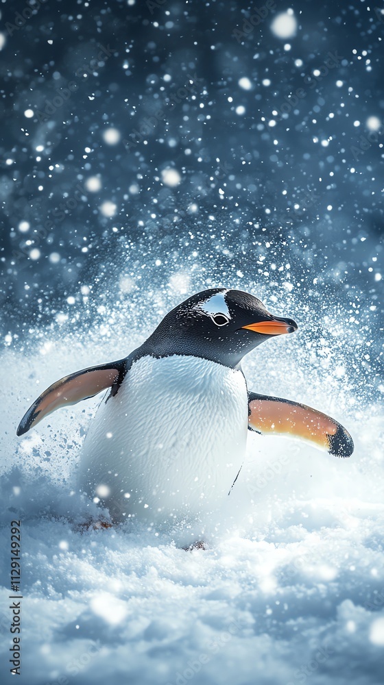Fototapeta premium A playful penguin in a snowy landscape, surrounded by falling snowflakes.