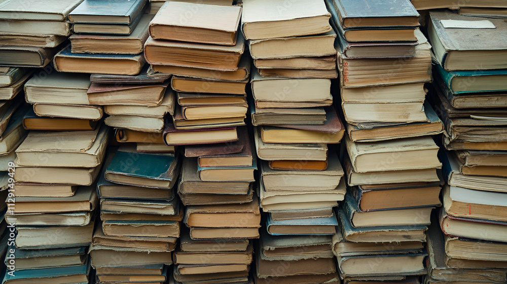 Many old books stacked in texture The background is large wooden bookshelves full of books on wall in the library. Knowledge archives, Generative Ai Many old books stacked in texture The background is large wooden bookshelves full of books on wall in the library. Knowledge archives, Generative Ai