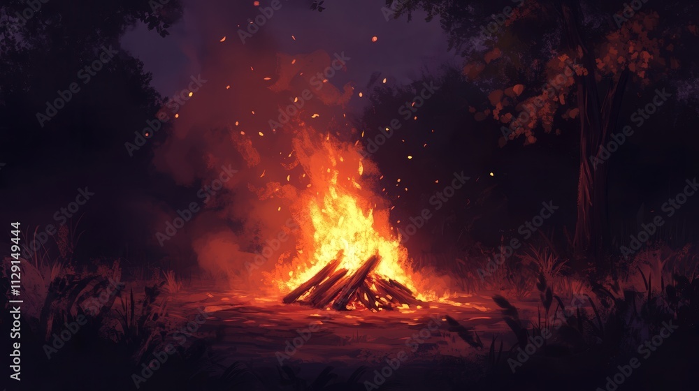 A bonfire crackles on a chilly evening, with flames reaching high, filling the air with warmth and casting shadows that move in rhythm with the fire A bonfire crackles on a chilly evening, with flames reaching high, filling the air with warmth and casting shadows that move in rhythm with the fire