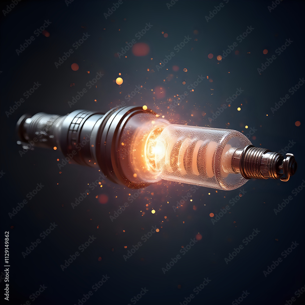 The image showcases a close-up of a spark plug with a glowing inner chamber against a dark background, accentuated by a sparkling effect. The image showcases a close-up of a spark plug with a glowing inner chamber against a dark background, accentuated by a sparkling effect.
