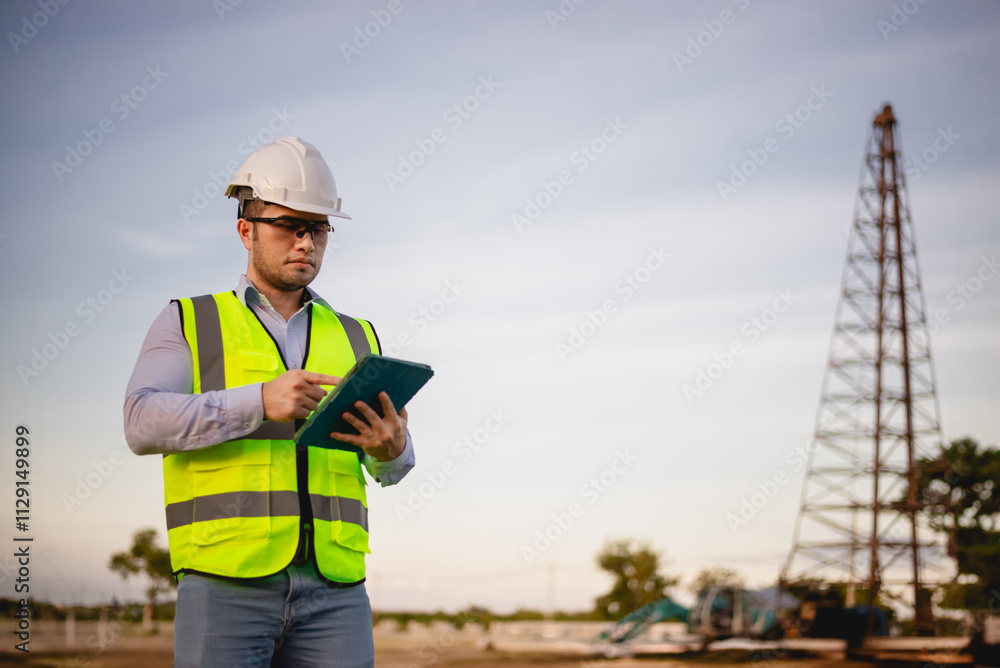 Engineer is inspecting the construction site and planning the construction of an office building for a factory. Engineer is inspecting the construction site and planning the construction of an office building for a factory.