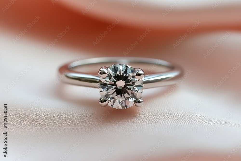 Close-up of a solitaire diamond engagement ring on a soft pink fabric. Close-up of a solitaire diamond engagement ring on a soft pink fabric.