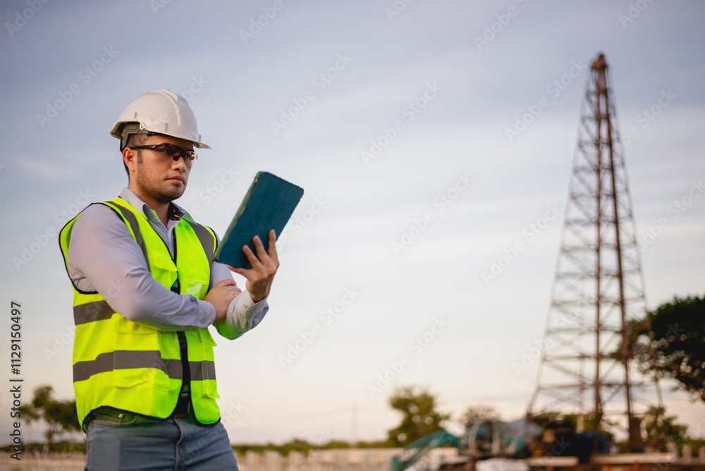 Engineer is inspecting the construction site and planning the construction of an office building for a factory. Engineer is inspecting the construction site and planning the construction of an office building for a factory.
