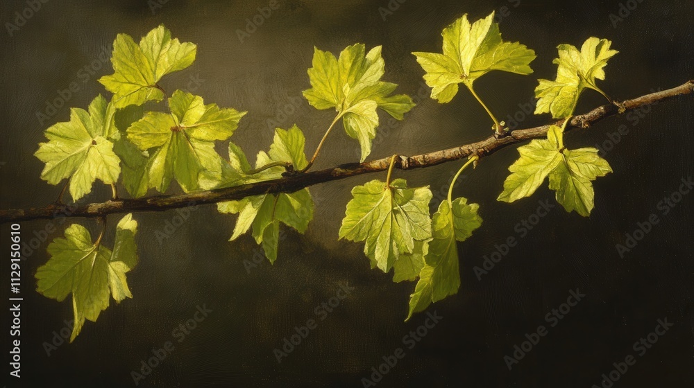 A branch with a cluster of green leaves, each leaf catching sunlight and casting a natural, soft green glow on the scene A branch with a cluster of green leaves, each leaf catching sunlight and casting a natural, soft green glow on the scene