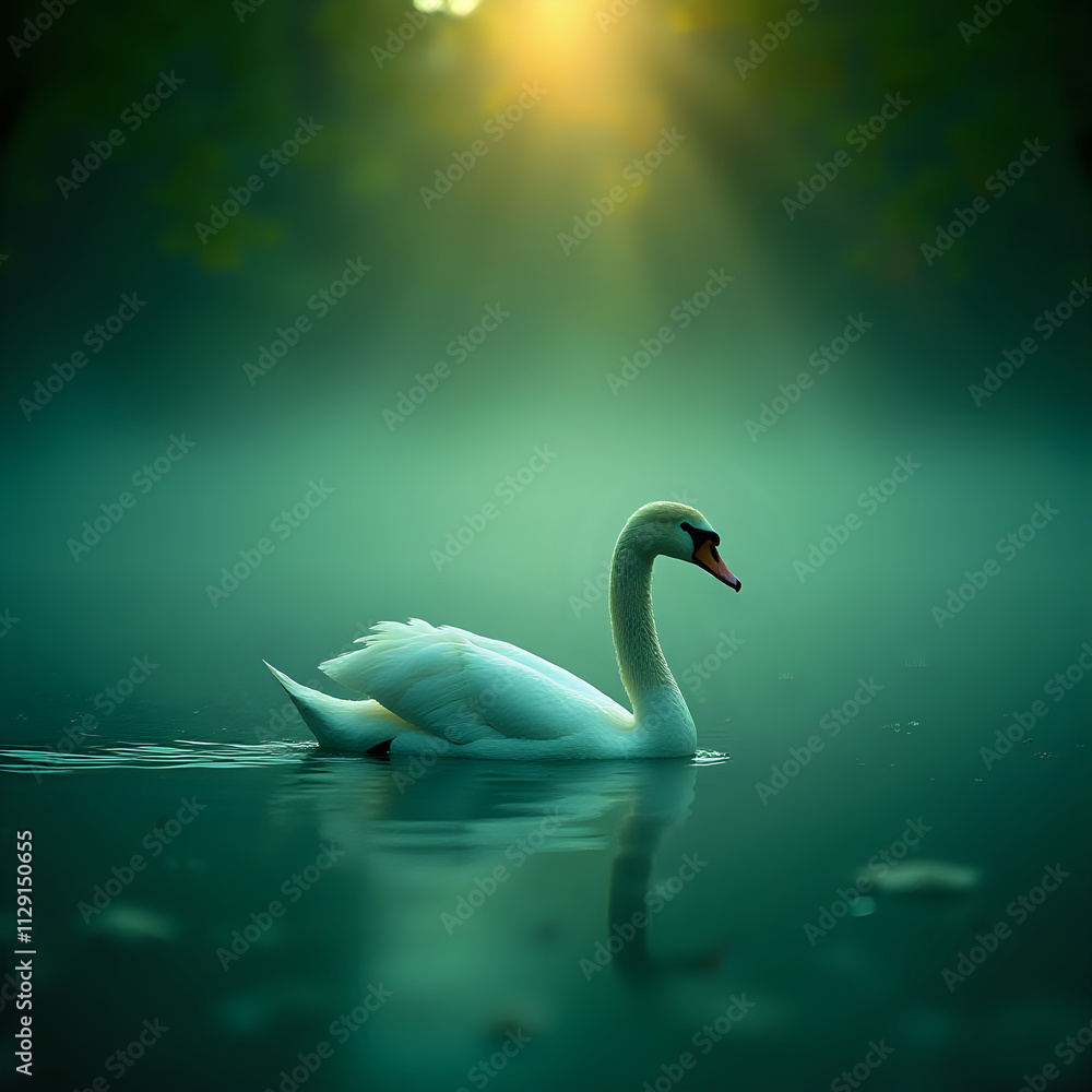 Fototapeta premium A graceful white swan is captured in motion, gliding across a tranquil body of water, with a greenish-blue hue and a warm, golden glow from the sun peeking through the trees in the background.