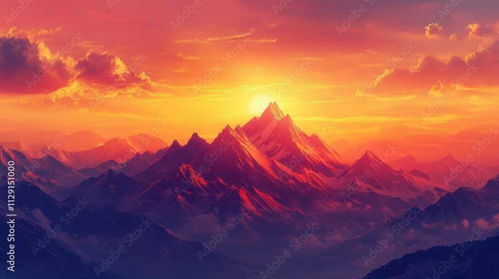 A breathtaking mountain sunset fills the sky with shades of crimson and gold, as the last rays of light touch the peaks and fade into dusk A breathtaking mountain sunset fills the sky with shades of crimson and gold, as the last rays of light touch the peaks and fade into dusk