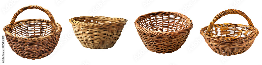 Basket of wooden wicker isolated on transparent background, Set of Basket of wooden wicker isolated on transparent background, Set of