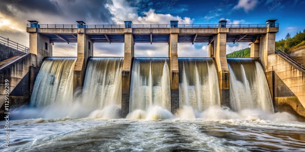 A concrete dam structure with multiple spillway gates releasing a powerful torrent of water, creating a breathtaking display of nature's force. A concrete dam structure with multiple spillway gates releasing a powerful torrent of water, creating a breathtaking display of nature's force.