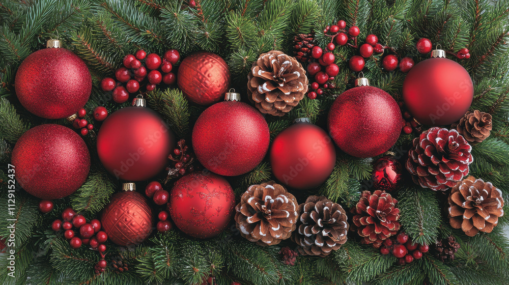 Festive flat lay of red Christmas ornaments, pine cones, and greenery creates joyful holiday atmosphere. Perfect for seasonal decor inspiration and celebration Festive flat lay of red Christmas ornaments, pine cones, and greenery creates joyful holiday atmosphere. Perfect for seasonal decor inspiration and celebration