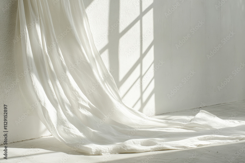 Soft white fabric drapes gracefully, illuminated by sunlight, creating a serene atmosphere. Soft white fabric drapes gracefully, illuminated by sunlight, creating a serene atmosphere.