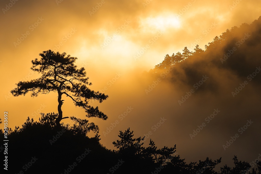 A black pine tree on a mountain top in the Yellow Mountains of China, silhouetted against the rising sun and surrounded by misty clouds, golden hues lighting the scene 3 A black pine tree on a mountain top in the Yellow Mountains of China, silhouetted against the rising sun and surrounded by misty clouds, golden hues lighting the scene 3