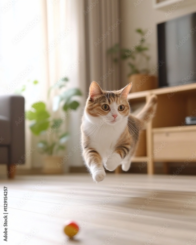 Calico cat leaping playfully across living room floor towards toy. Calico cat leaping playfully across living room floor towards toy.