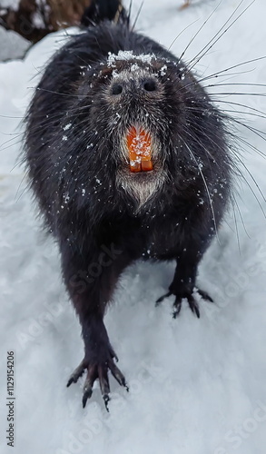 Nutria is black in winter in search of food.