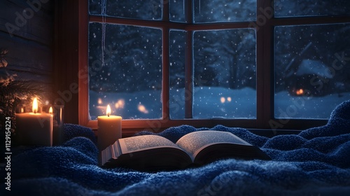 A cozy winter scene with snow falling outside the window, candles glowing inside, and an open book on top of soft blankets.